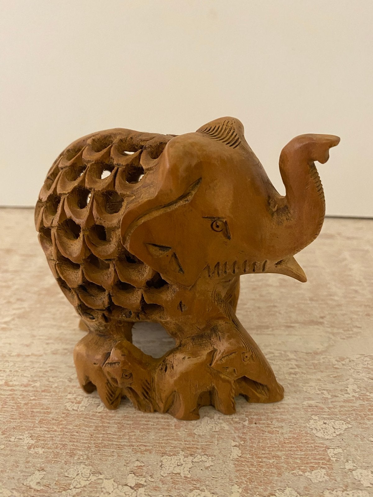 Vintage handgemaakte houten geluksolifant met baby, Ophalen of Verzenden