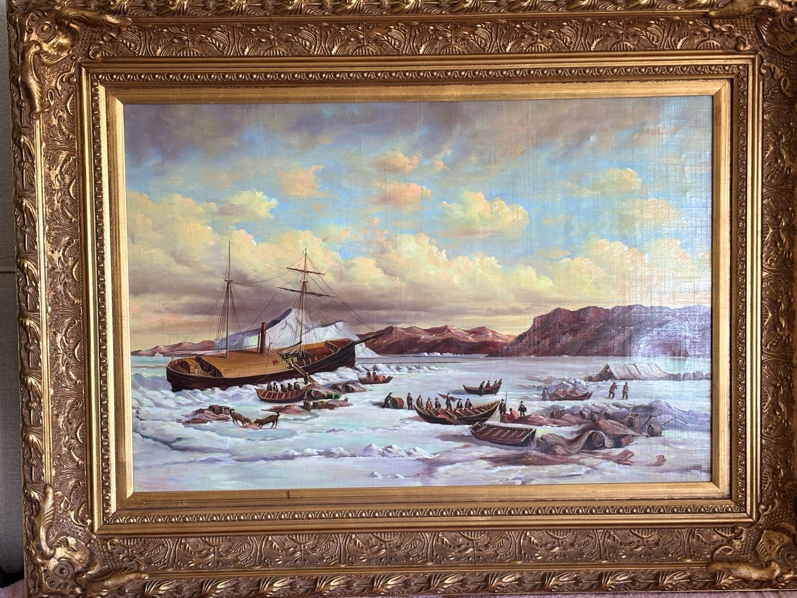 Olieverfschilderij: Walvisjacht in Arctisch Landschap, Ophalen, Maritiem / water, Doek, Realistisch