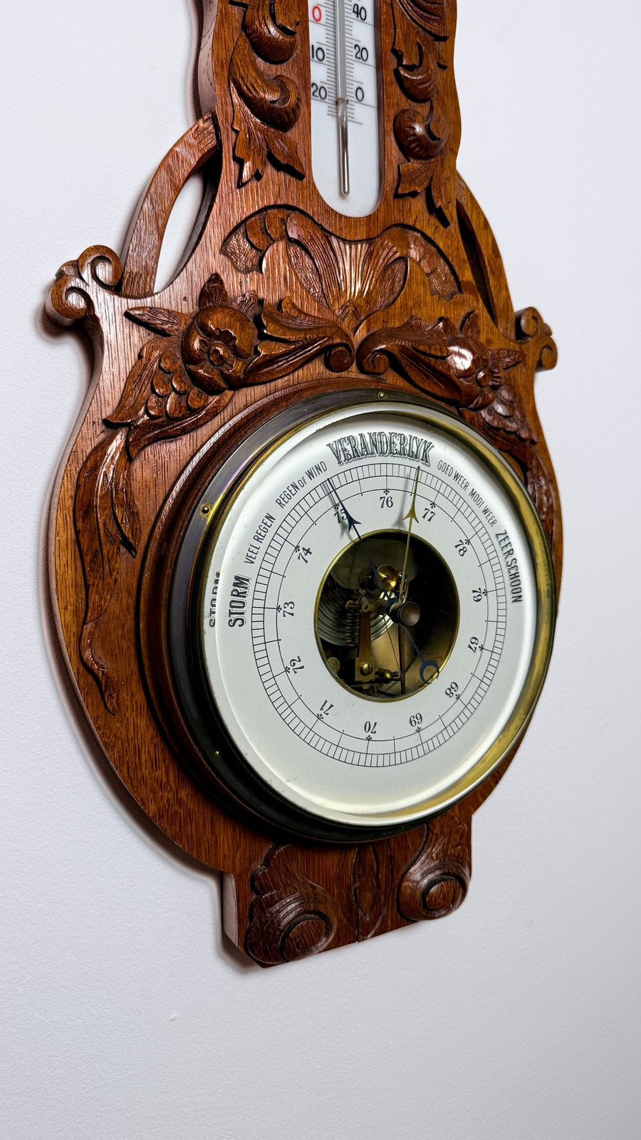 antieke eiken barometer en thermometer 75cm, Ophalen, Zo goed als nieuw
