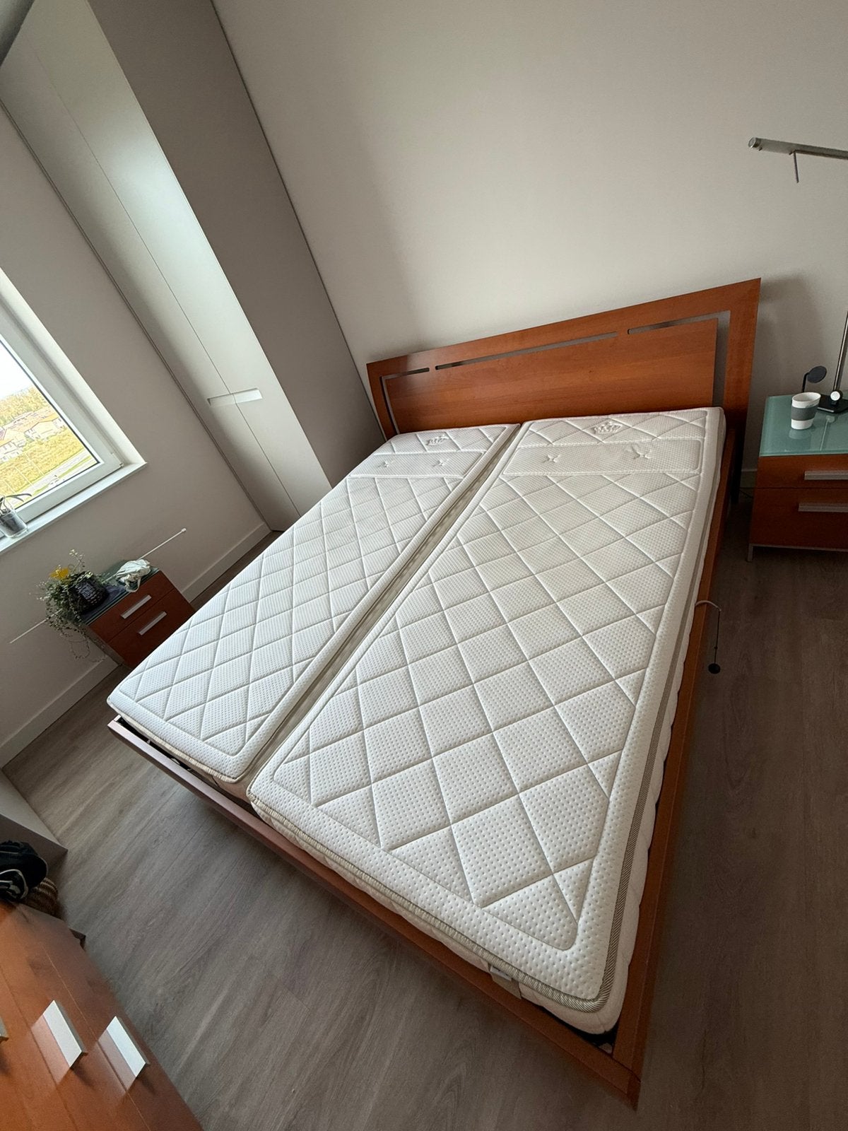 Houten bed met 2 Auping spiralen en matrassen 210x90 cm, Ophalen, 210 cm, Tweepersoons, 180 cm