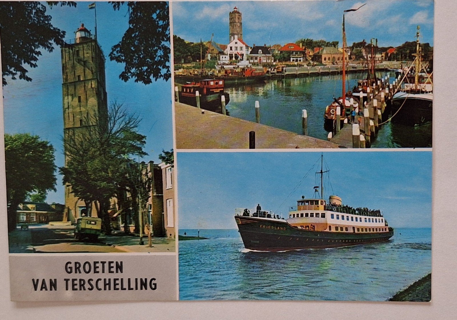 Groeten van Terschelling: Vuurtoen Brandaris, Haven, Friesla, Ophalen of Verzenden, 1960 tot 1980, Gelopen, Stad of Dorp