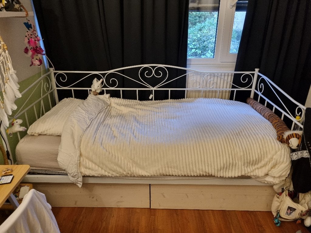 metalen bed 90x200 incl lattenbodem matras en lades van hout, Ophalen, 90 cm, Eenpersoons, Wit