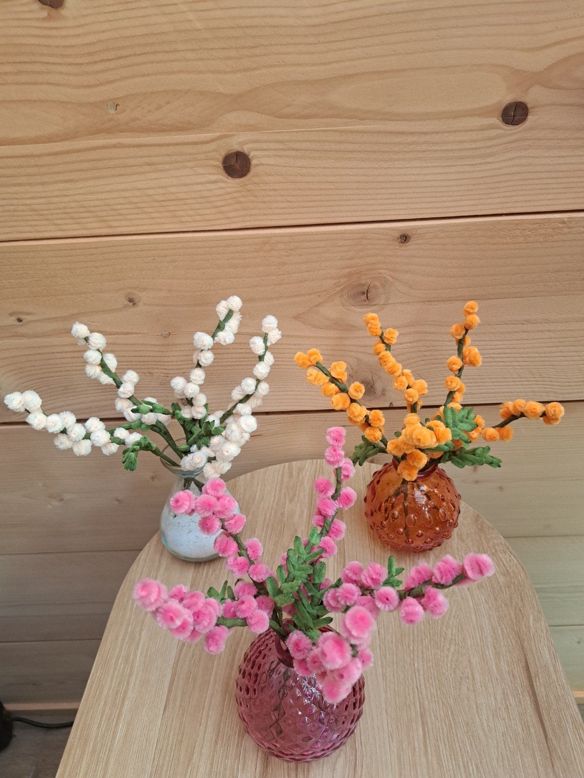 chenilledraad pijpragers bloemen incl vaasje roze,ecru,geel, Binnen, Nieuw, Ophalen of Verzenden, Geel