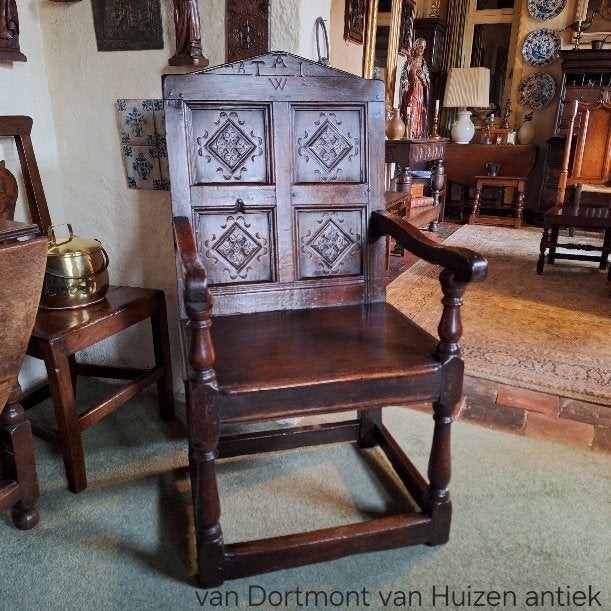17e eeuwse Engelse Wainscot chair armstoel, Antiek en Kunst, Antiek | Meubels | Stoelen en Banken, Ophalen