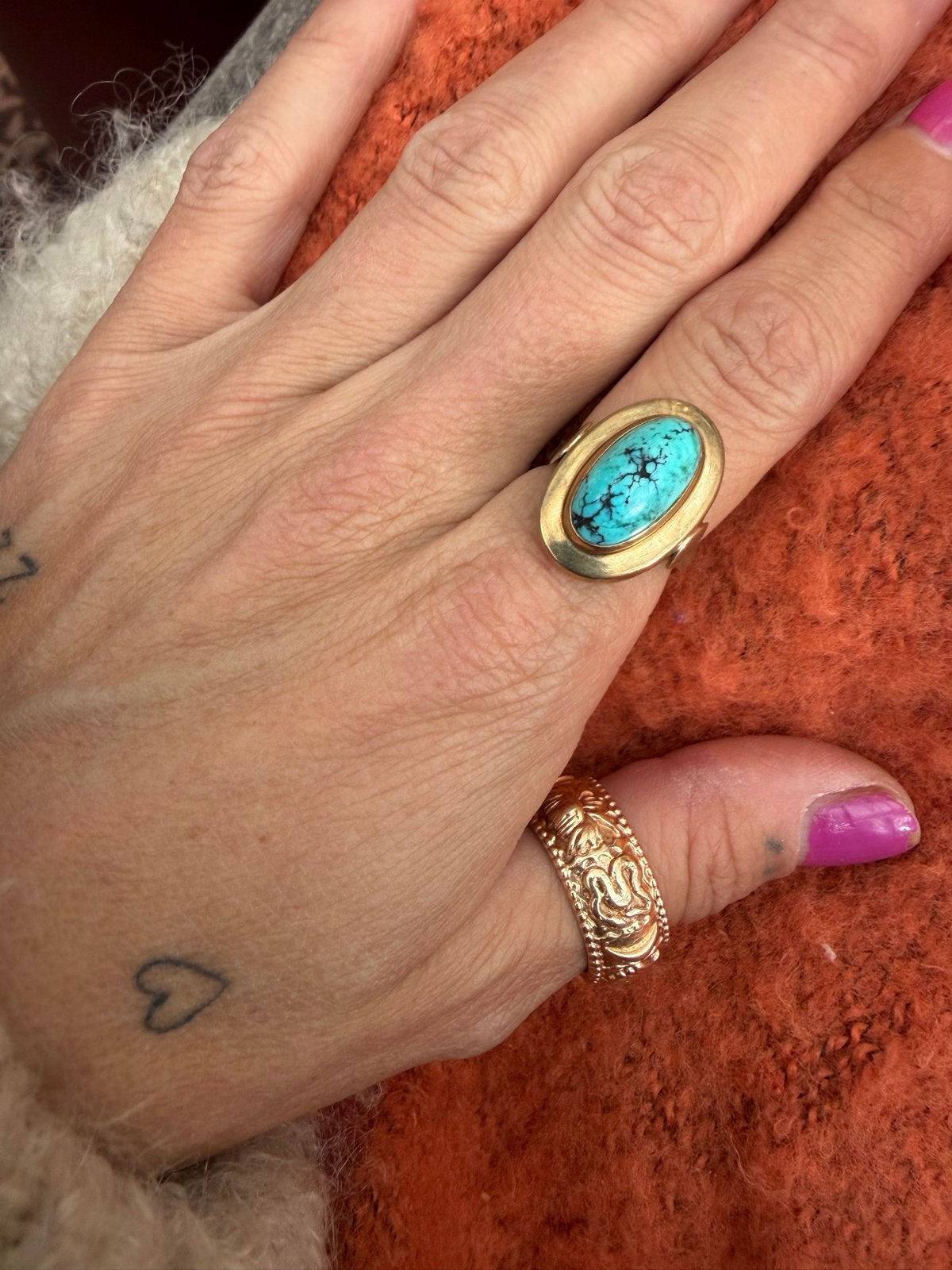 Vintage 14 Karaats Gouden Ring met Turquoise Edelsteen, Ophalen, Gebruikt, Kleiner dan 17, Met edelsteen