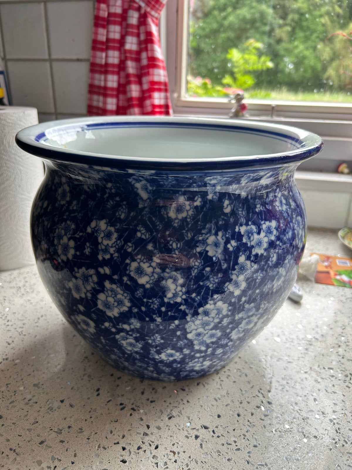 Chinese Bloempot - Blauw/Wit - 28x22 cm - Jaren '80, Tuin en Terras, Bloempotten, 25 tot 40 cm, Gebruikt, Rond, Ophalen of Verzenden