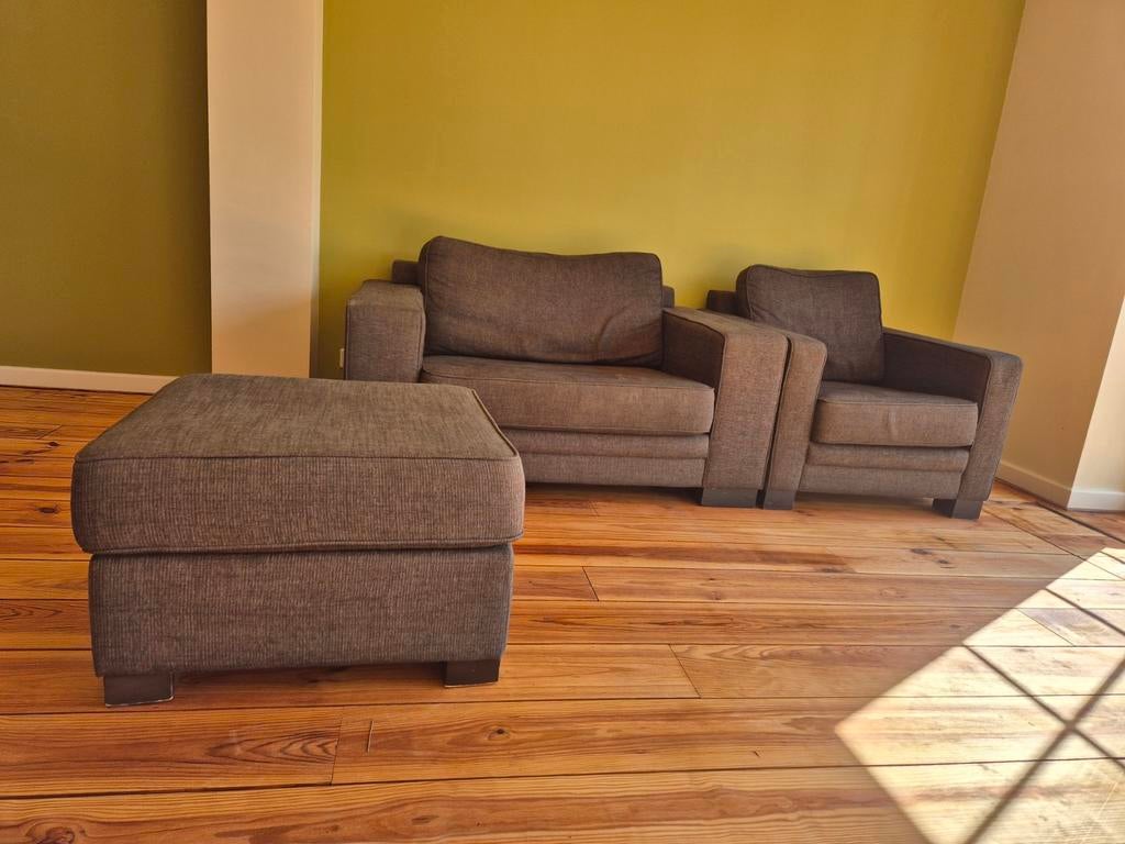 Montel Loveseat, Fauteuil en Poef - Bruin/Zwart Gemêleerd, Ophalen, Stof