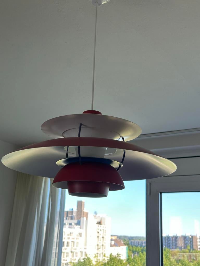 Vintage PH 5 hanglamp, rood/wit, Deens design, Huis en Inrichting, Lampen | Hanglampen, Ophalen of Verzenden, Gebruikt, Metaal