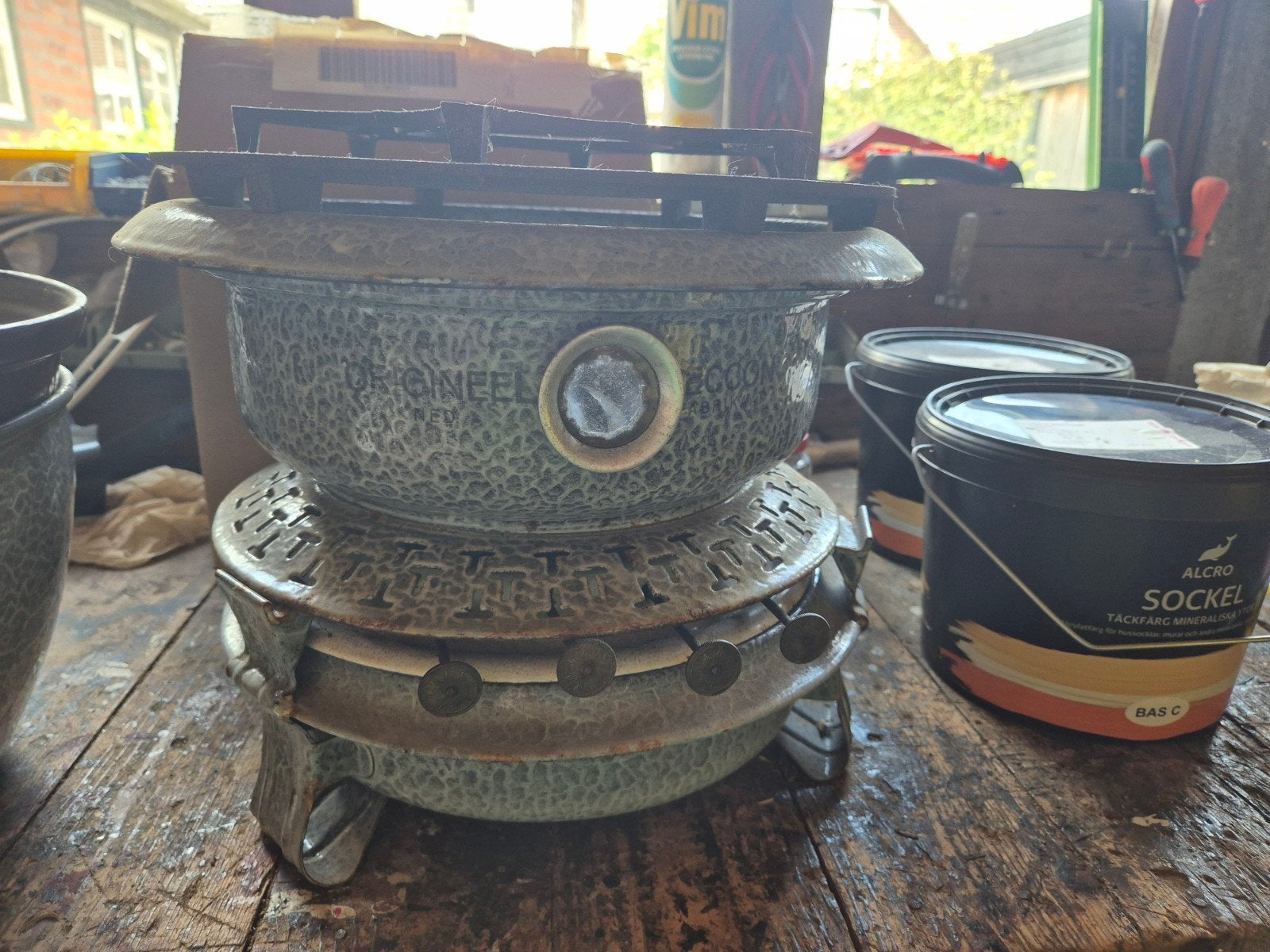 Te koop 4 pits petroleum stel grijs gewolkt., Ophalen