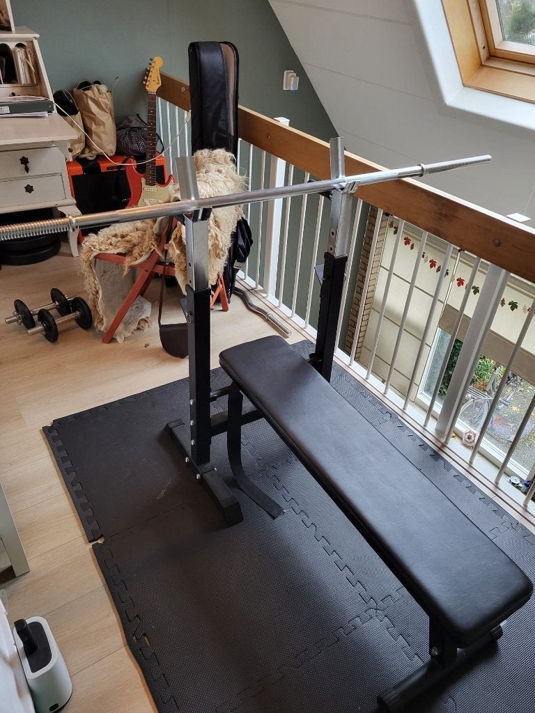 Verstelbare Halterbank + Halterset (100 kg) + Vloermatten, Ophalen, Gebruikt, Fitnessbank