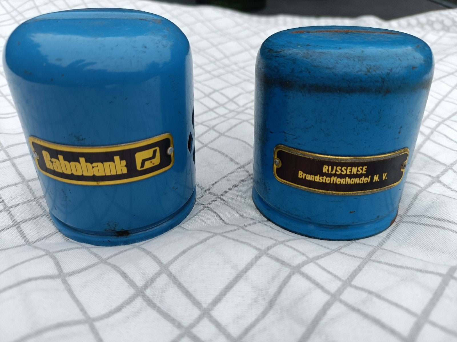 Vintage Rabobank en Rijssense  spaarpotjes, Ophalen, Metaal of Blik, Overige thema's