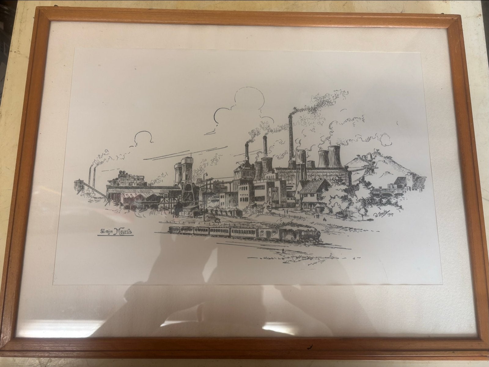 Pentekening Staatsmijn Maurits, ingelijst, Ophalen of Verzenden, Tekening, Pentekening, Ingelijst