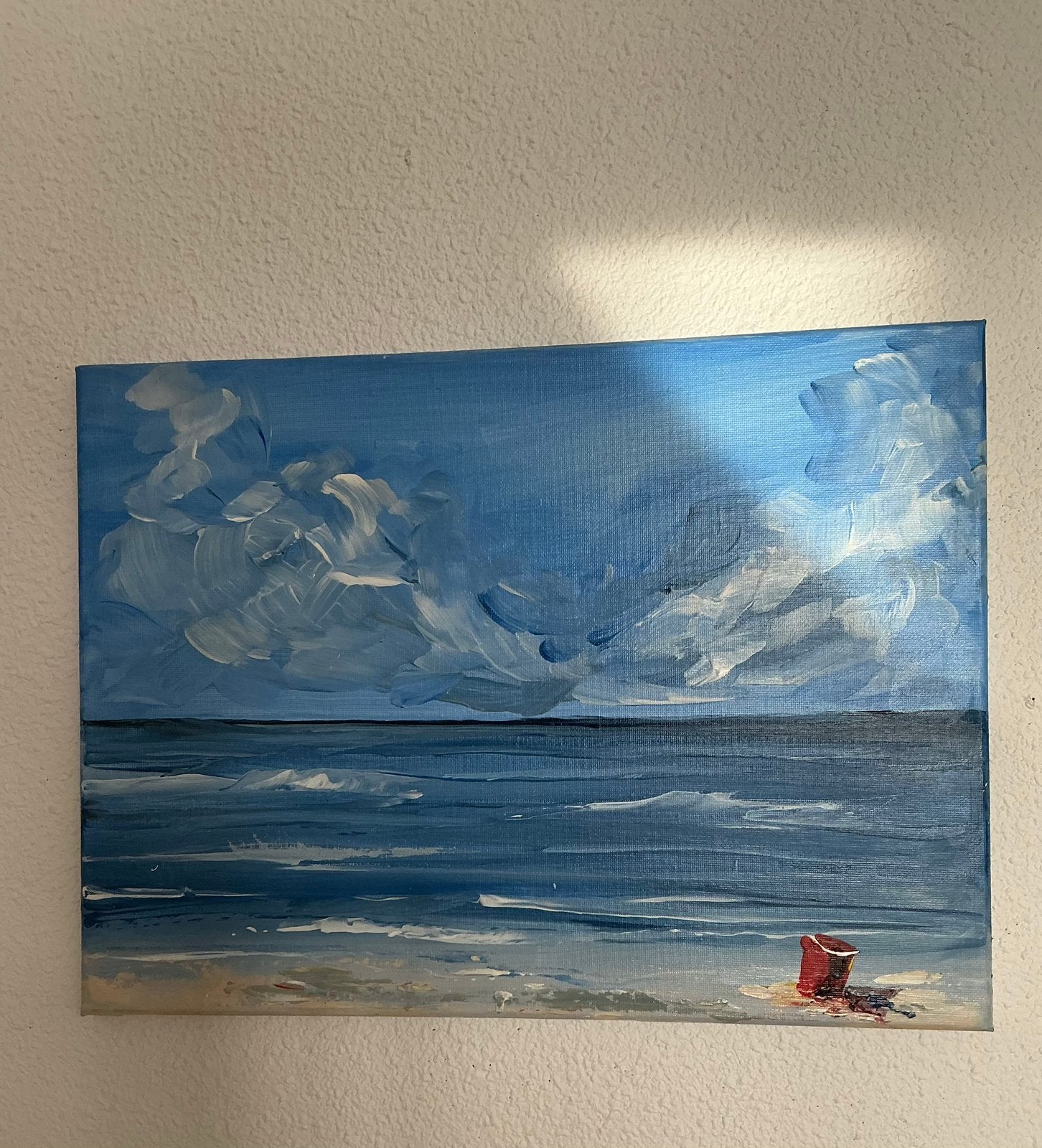 Zee schilderij ~ emmertje op het strand ~ atelier, Ophalen of Verzenden, Nieuw, Minder dan 50 cm, Schilderij