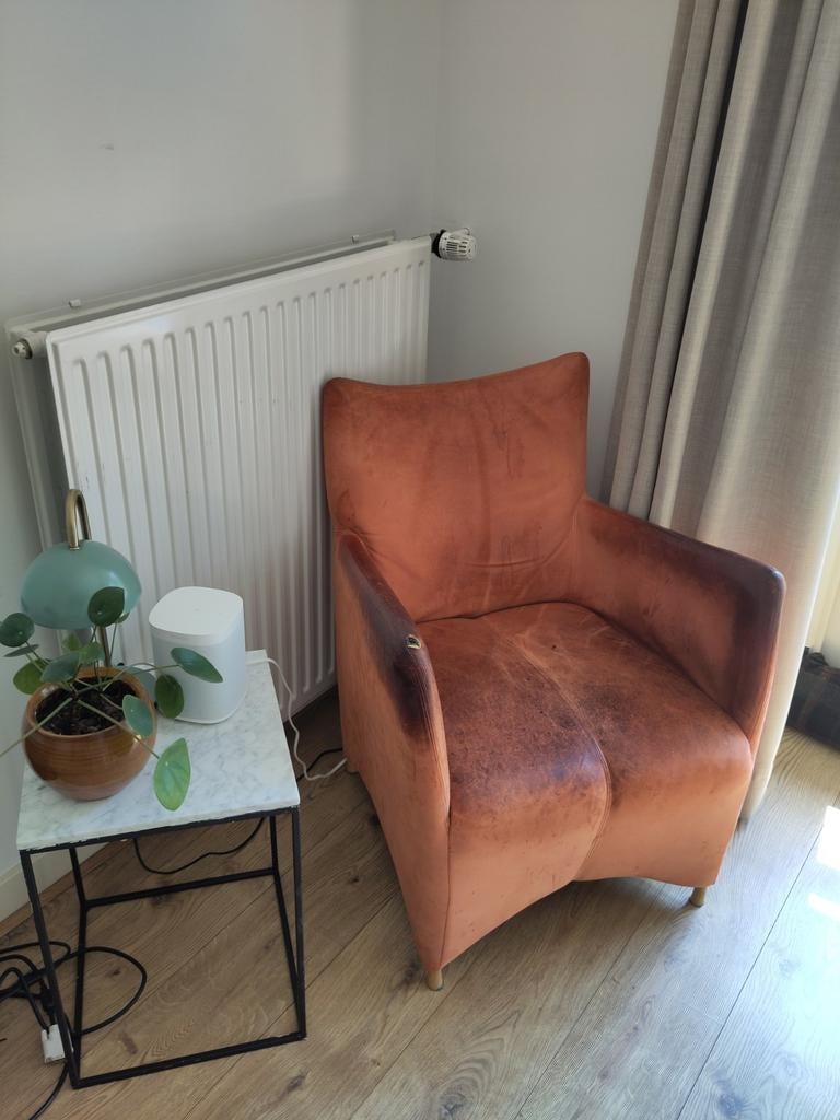 Vintage Leren Fauteuil Stoel -  Kleur Oranje cognac leer, Ophalen, Gebruikt, Leer, Vintage, Retro, Industrieel