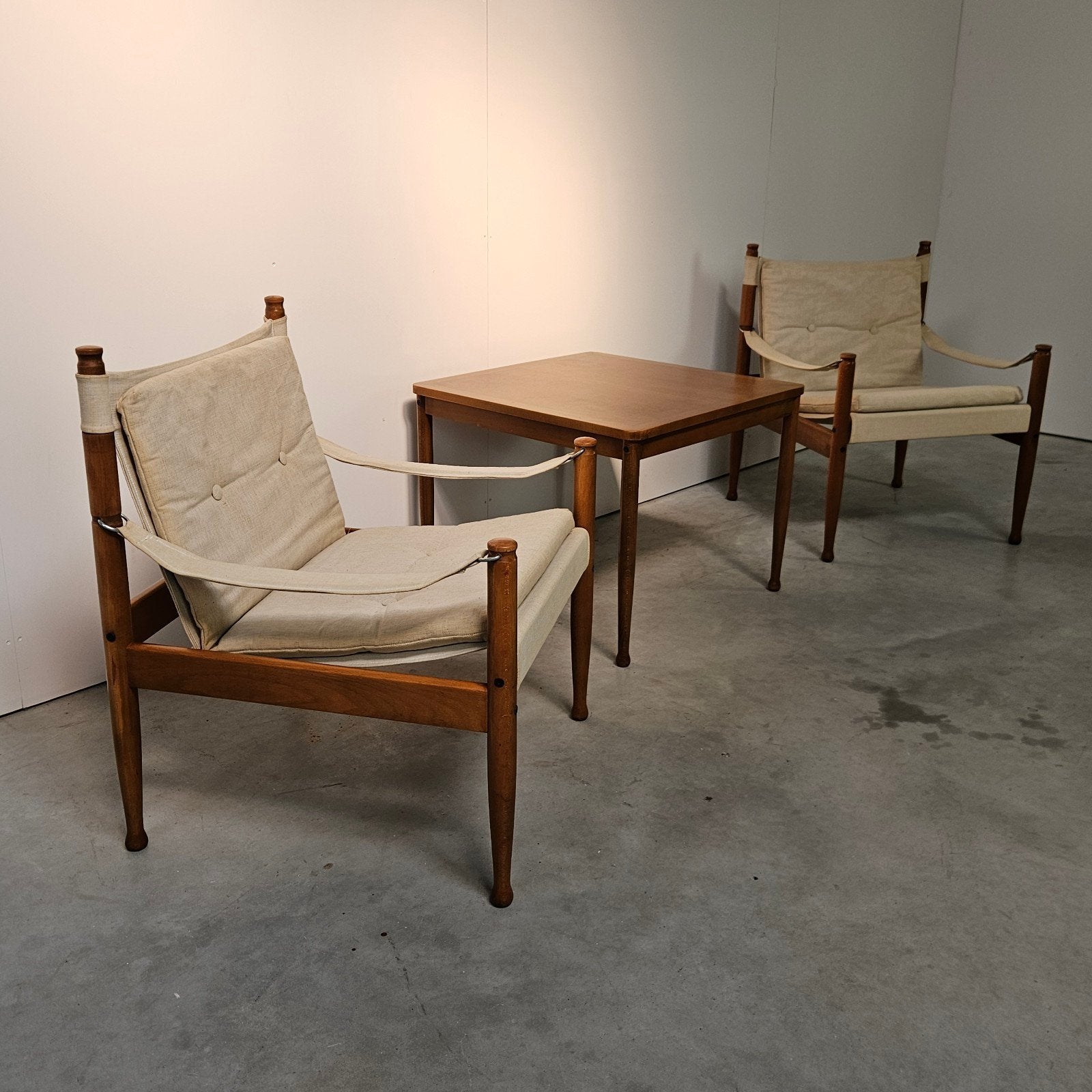 Vintage Deense safari loungeset Erik Wørts, Gebruikt, Twee, Bruin, Vintage