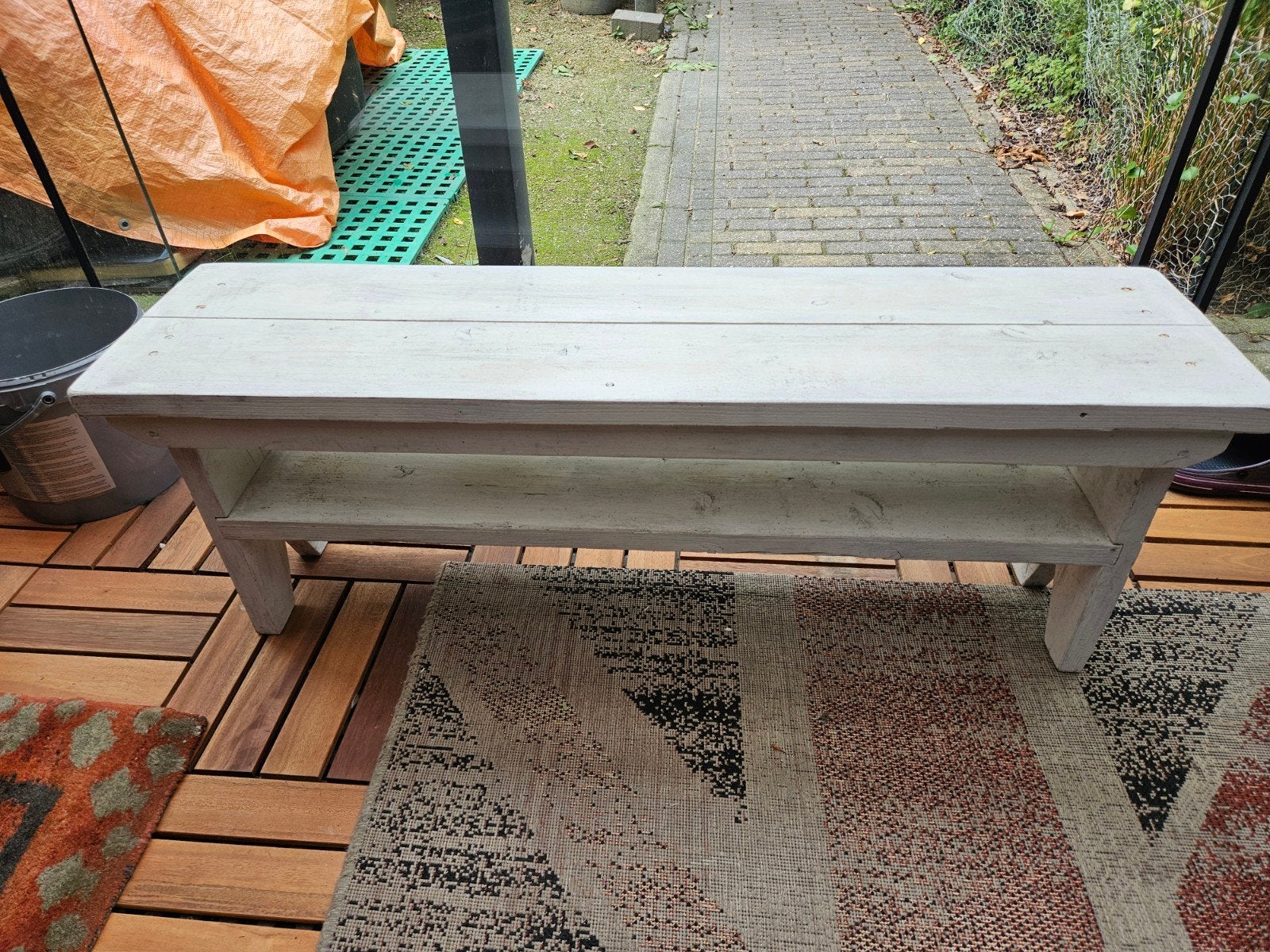 Stevig houten bankje - L110xB29xH41cm, Tuin en Terras, Ophalen, Gebruikt, Hout