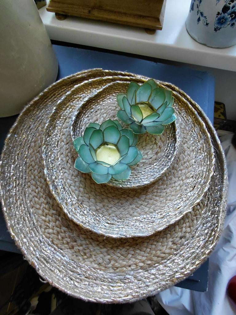 Driedelige jute naturel/goud wandborden wandschalen, Ophalen, Rond, Overige materialen