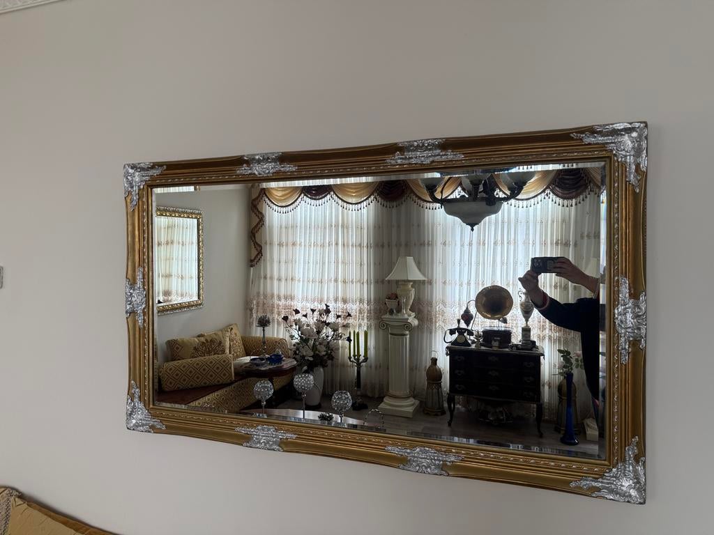 Grote spiegel met gouden en zilveren baroklijst, Antiek en Kunst, Ophalen, Rechthoekig, 100 tot 150 cm, Minder dan 100 cm