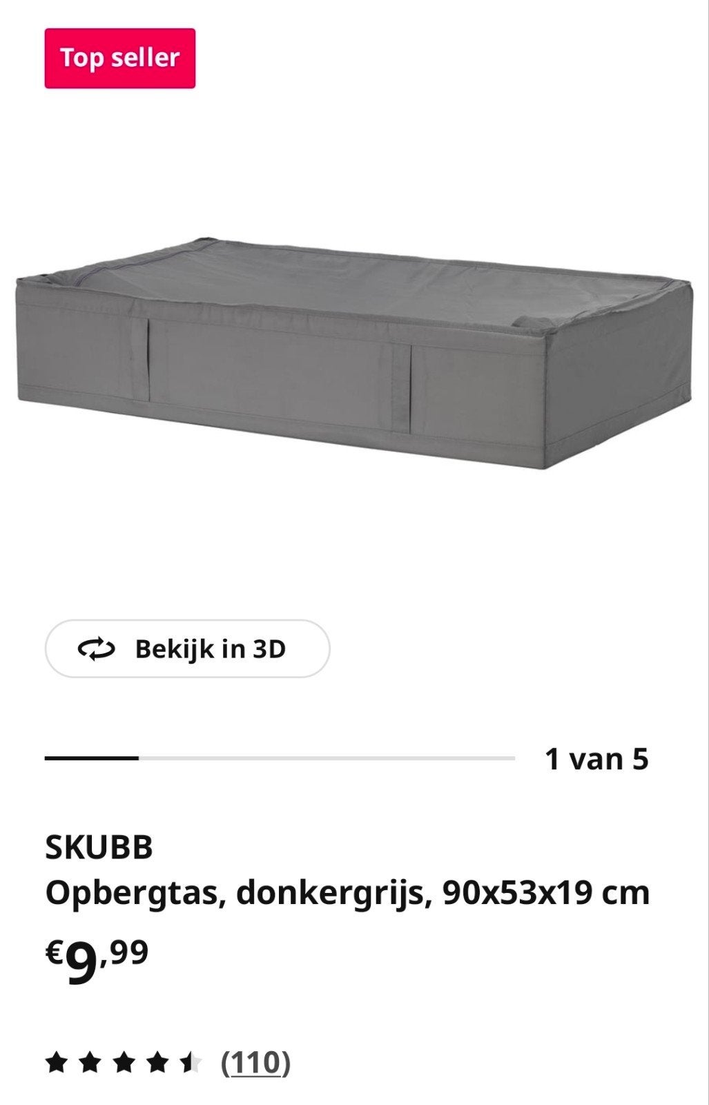 Ikea SKUBB Opbergtas donkergrijs 90x53x19 cm, Ophalen, Nieuw, Grijs, Textiel