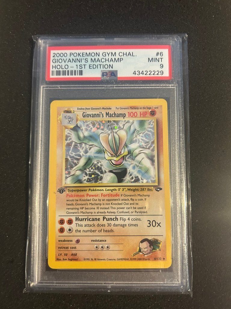 6/132 giovanni's machamp 1st psa 9, Hobby en Vrije tijd, Verzamelkaartspellen | Pokémon, Zo goed als nieuw, Foil, Ophalen of Verzenden