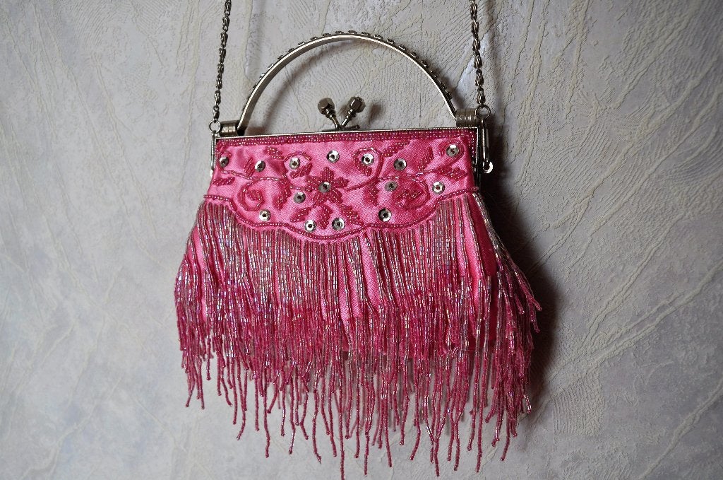 Vintage Roze Tas Tasje Strass Kralen Lovertjes 16 cm, Ophalen of Verzenden, Zo goed als nieuw, Roze, Schoudertasje