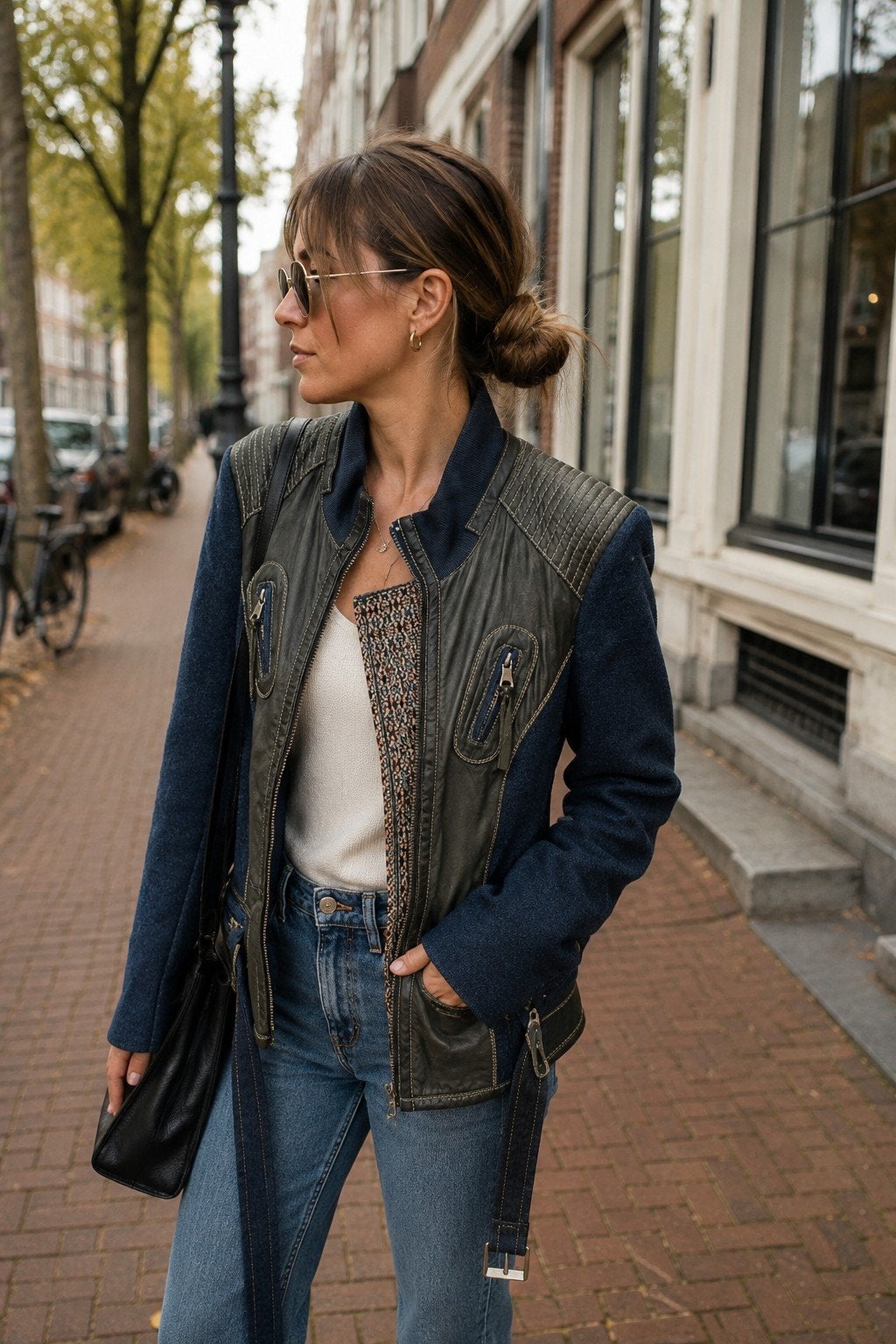 Unieke leren & wollen damesjas | Designer look, Kleding | Dames, Bodywarmers, Ophalen of Verzenden, Gedragen, Maat 36 (S), Blauw
