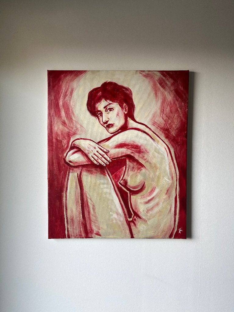 Figuratief schilderij vrouwelijk naakt – rood – 55x65 cm, Ophalen, Op houten frame, Textiel, Figuren