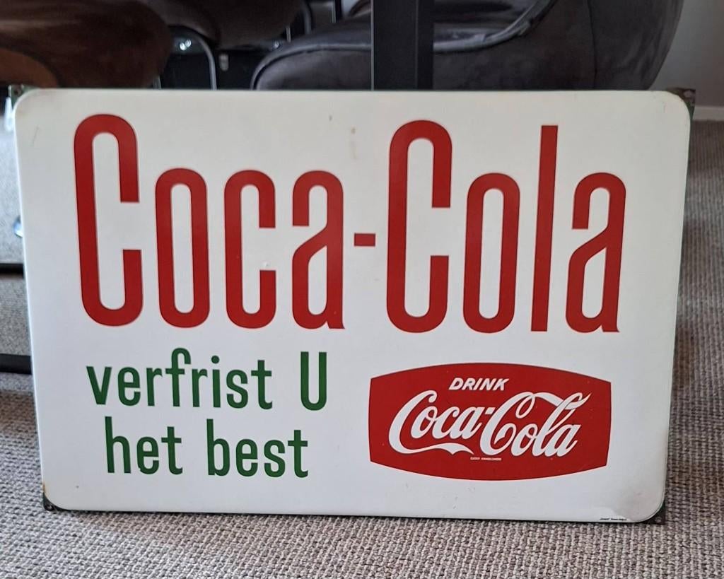 Mooi emaille reclamebord voor Coca-Cola, Langcat Bussum., Reclamebord, Gebruikt, ., Ophalen of Verzenden