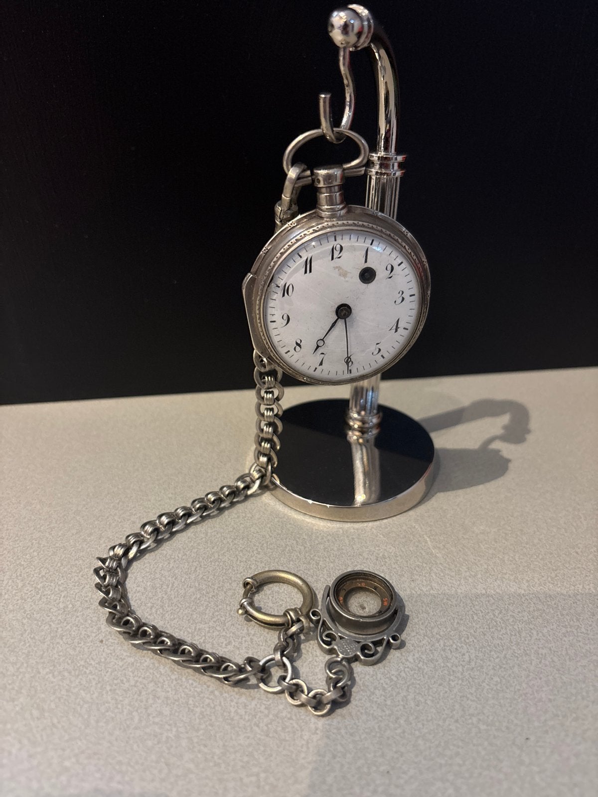 Antiek zilveren zakhorloge met ketting - spillegang, Ophalen of Verzenden