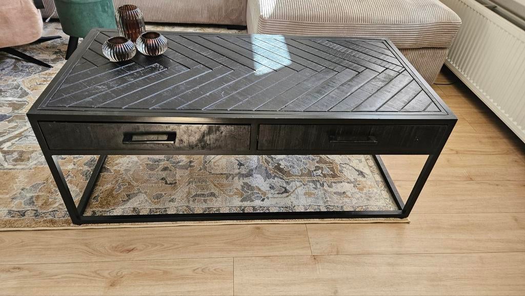 Zwarte salontafel met visgraatmotief en lades, Gebruikt, 50 tot 100 cm, 100 tot 150 cm, Modern, Industrieel