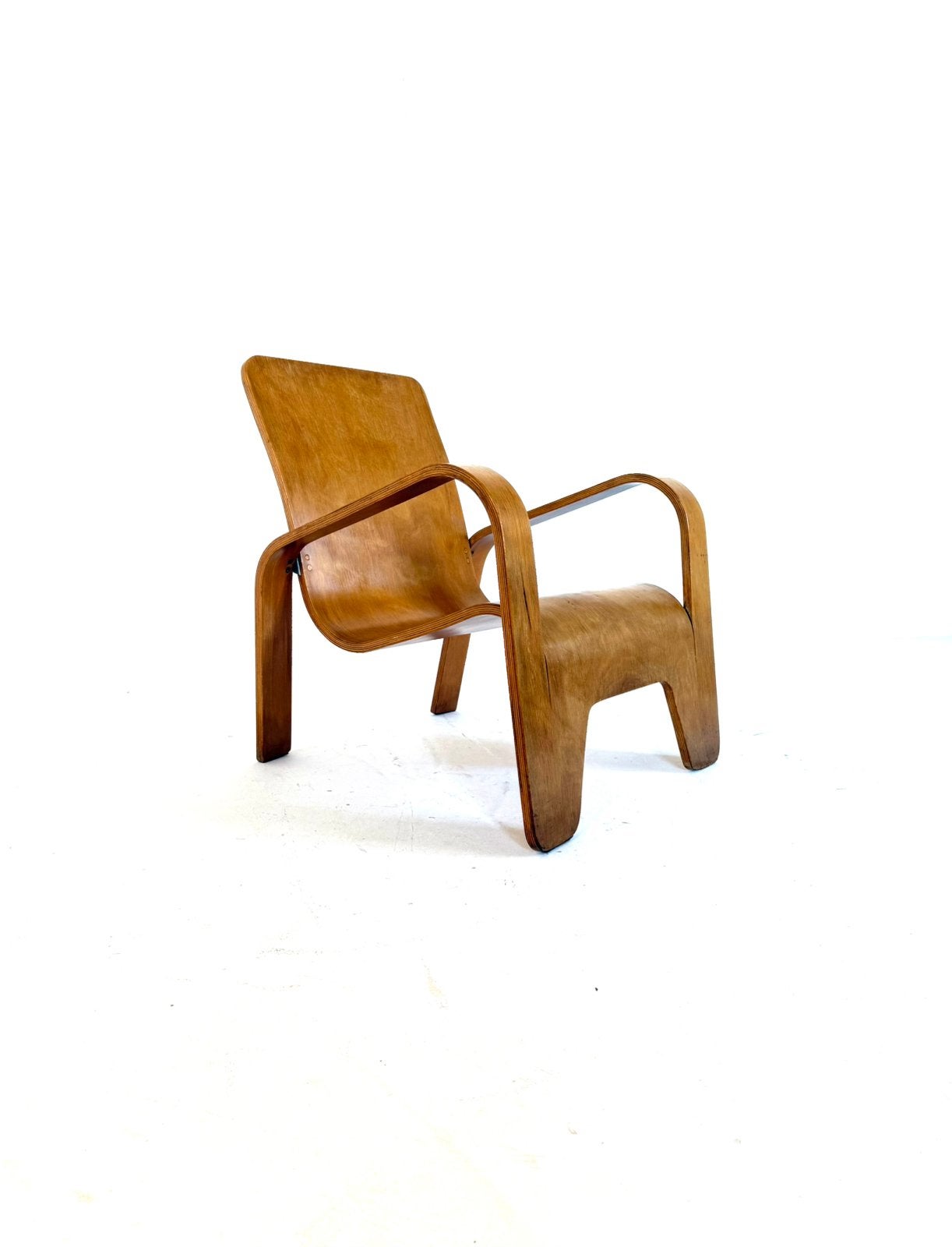 Vintage ‘LaWo 1’ multiplex fauteuil, Han Pieck ‘46, Han Pieck, Vintage retro buisframe design rotan webbing papercord deens, 75 tot 100 cm