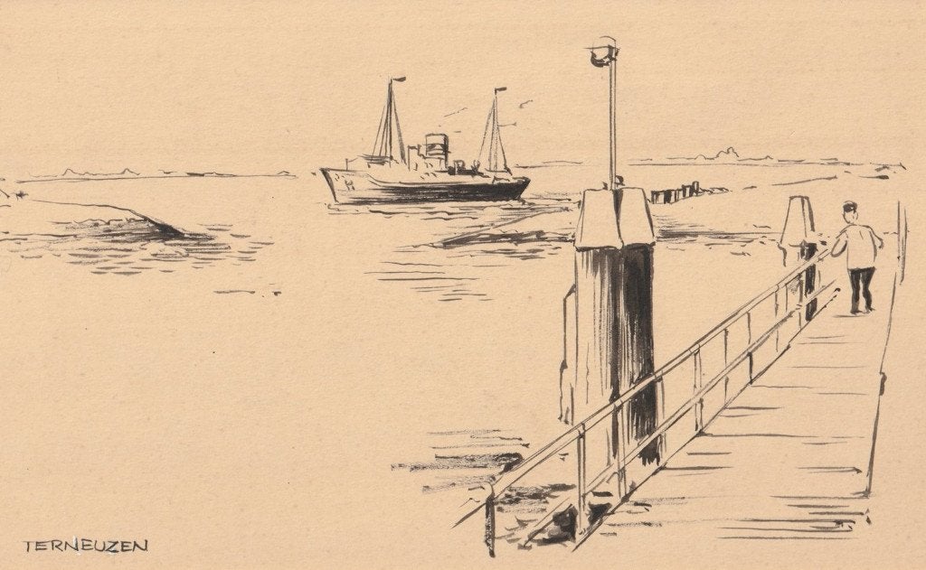 Frans Piët originele tekening Terneuzen boot stijger 1958, Antiek en Kunst, Verzenden, Tekening