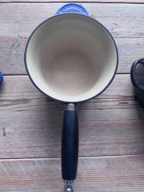 Le Creuset pannenset blauw/zwart gietijzer en fluitketel, Huis en Inrichting, Le Creuset, Verzenden, Metaal, Overige typen