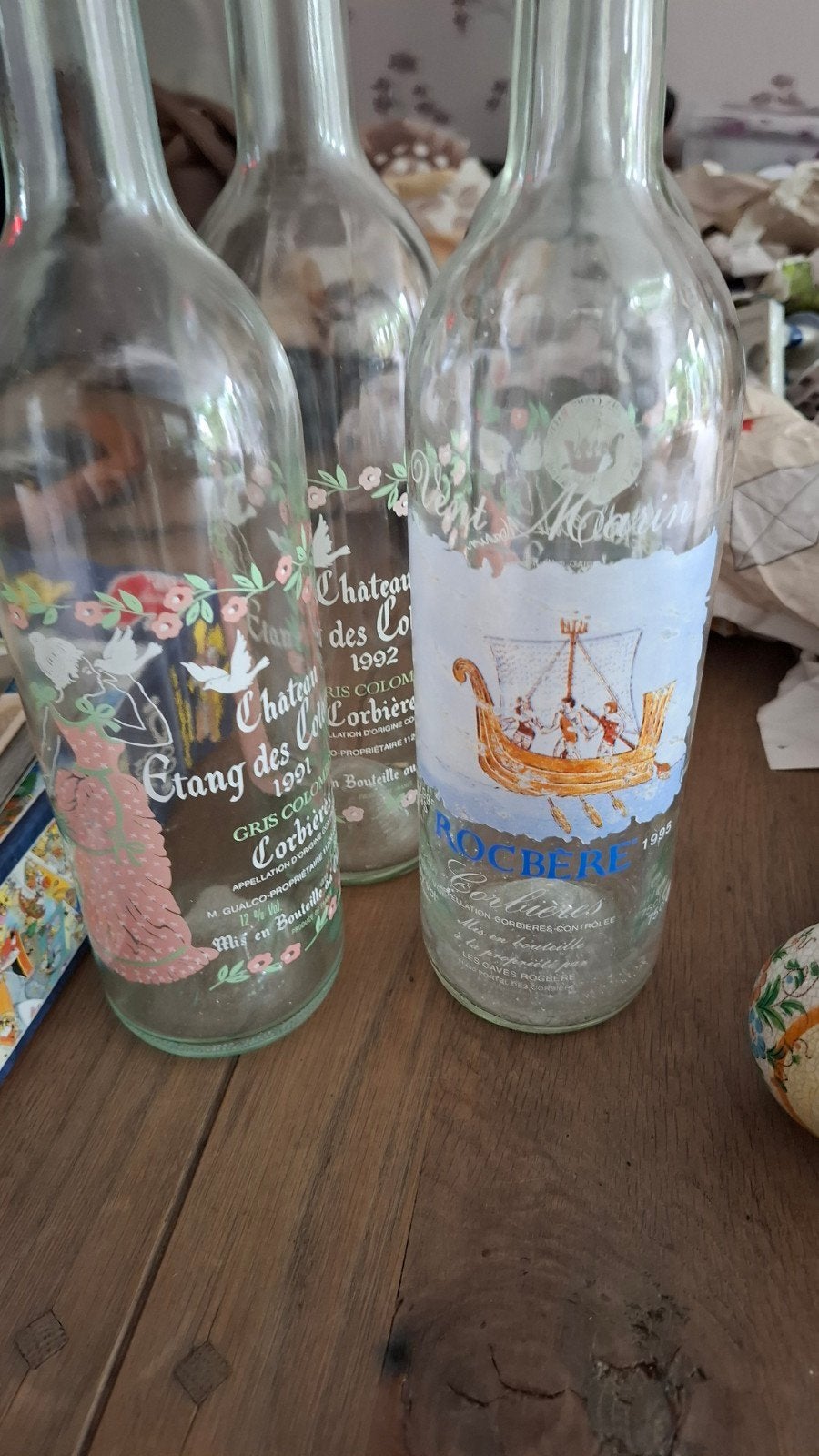 4 brocante franse Flessen  wijnflessen bloemen scj, Ophalen of Verzenden