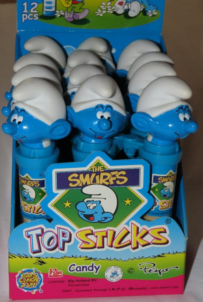 Winkel display met 12 Smurfen /smurf/ CANDY TOP STICKS  2001, Ophalen of Verzenden, Nieuw, Overige Smurfen, Overige typen