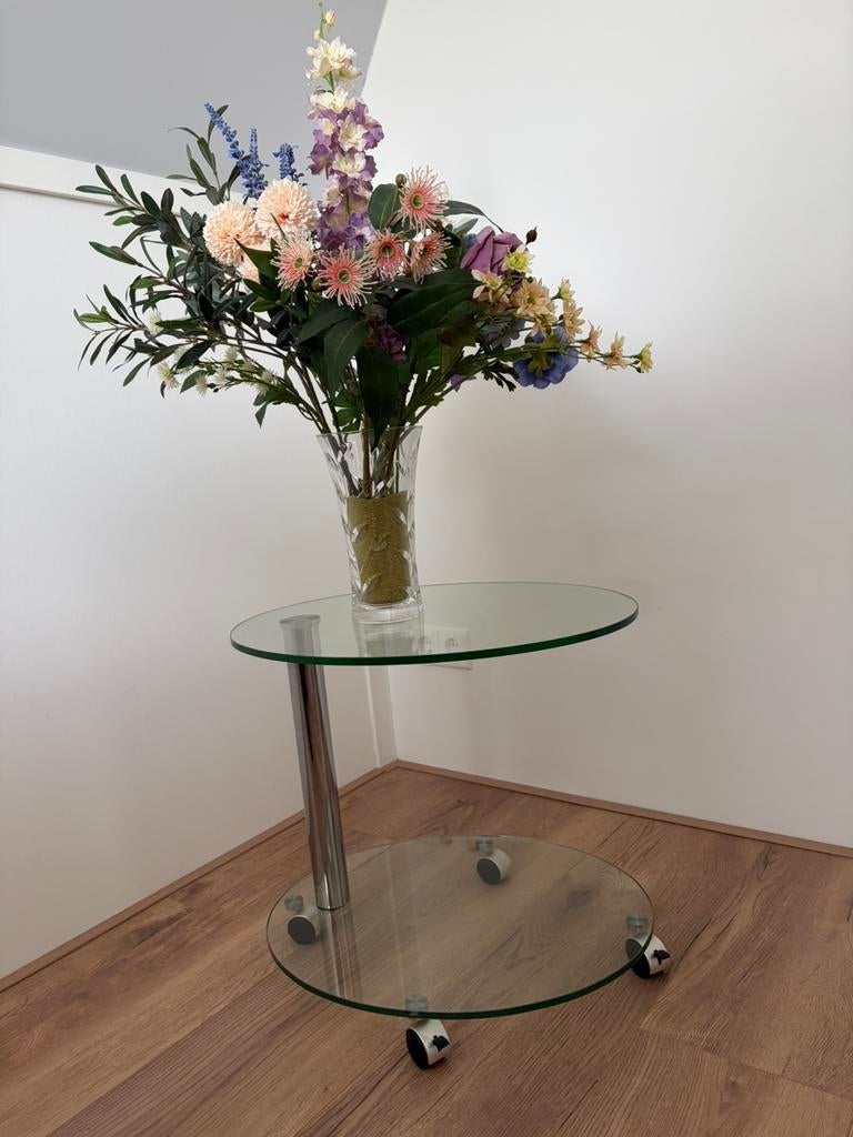 Glazen bijzettafel verrijdbaar, Huis en Inrichting, Tafels | Bijzettafels, Minder dan 55 cm, Gebruikt, Glas, Overige vormen