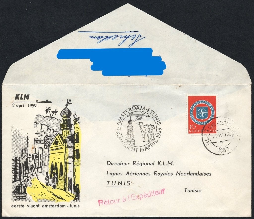 1e KLM vlucht Tunis Tunesië 1959, Postzegels en Munten, Brieven en Enveloppen | Nederland, Verzenden, Envelop