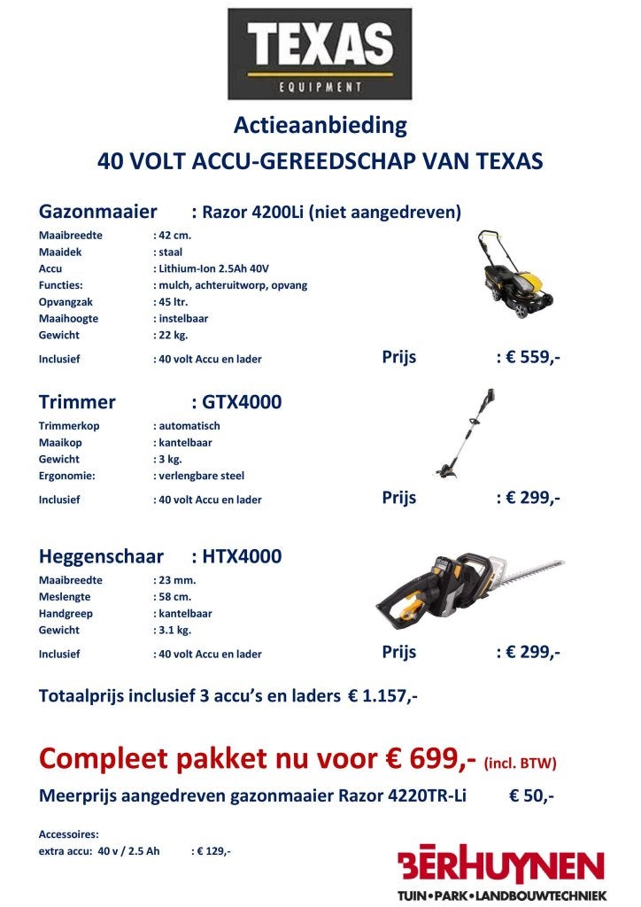 ACTIEAANBIEDING  40 VOLT ACCU-GEREEDSCHAP VAN TEXAS, Niet ingevuld, Accu, Niet ingevuld, Nieuw