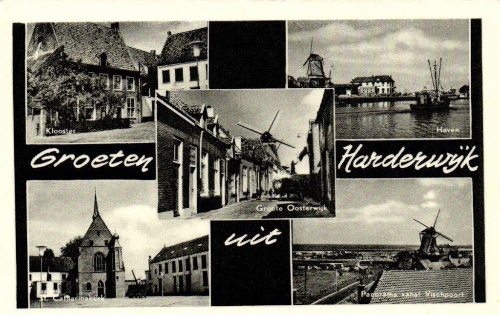 Groeten uit Harderwijk - 5 afb. o.a. molen panorama - 1958 g, Ophalen of Verzenden, 1940 tot 1960, Gelopen, Gelderland