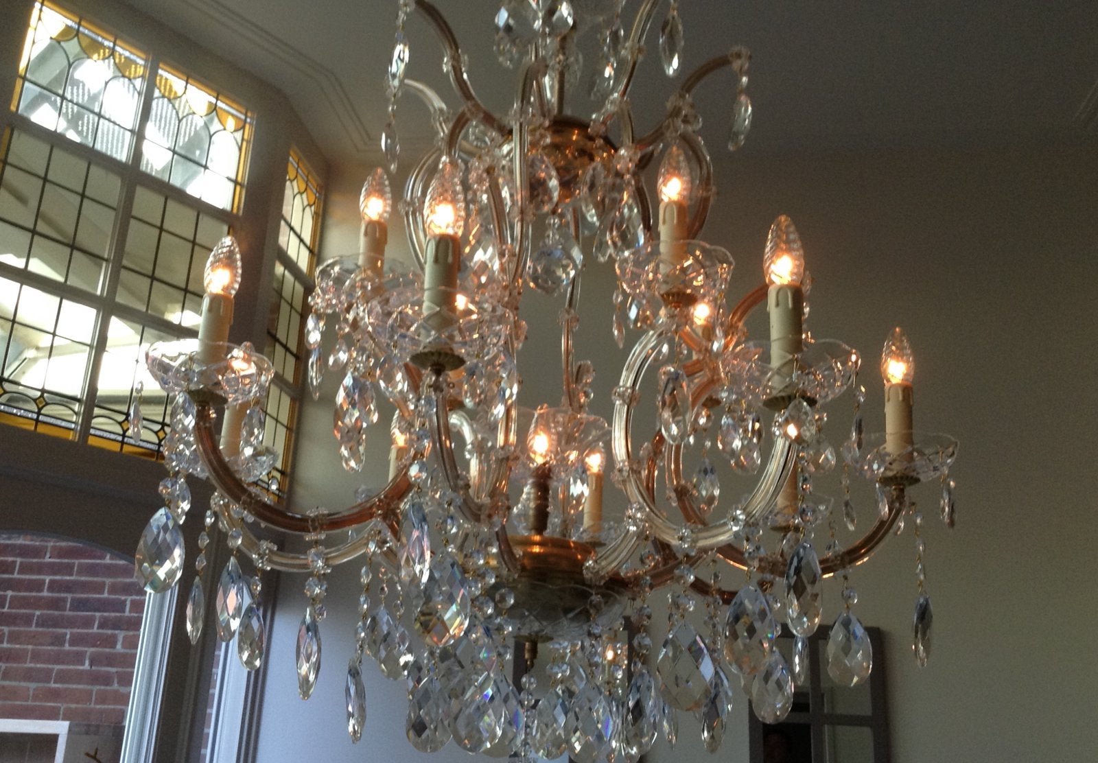 dubbellaagse kroonluchter in kooimodel met extra lichtpunt, Huis en Inrichting, Ophalen, Gebruikt, Glas, E14 (klein)