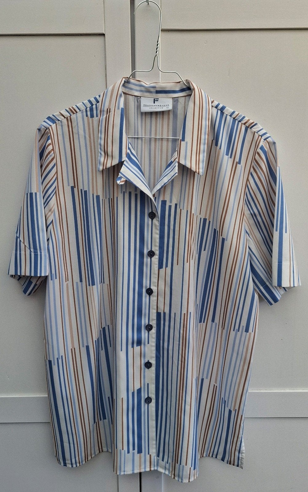 Vintage blouse,  maat 42/XL - gestreept - wit/ blauw - 90's, Wit, Maat 42/44 (L), Onbekend, Ophalen of Verzenden