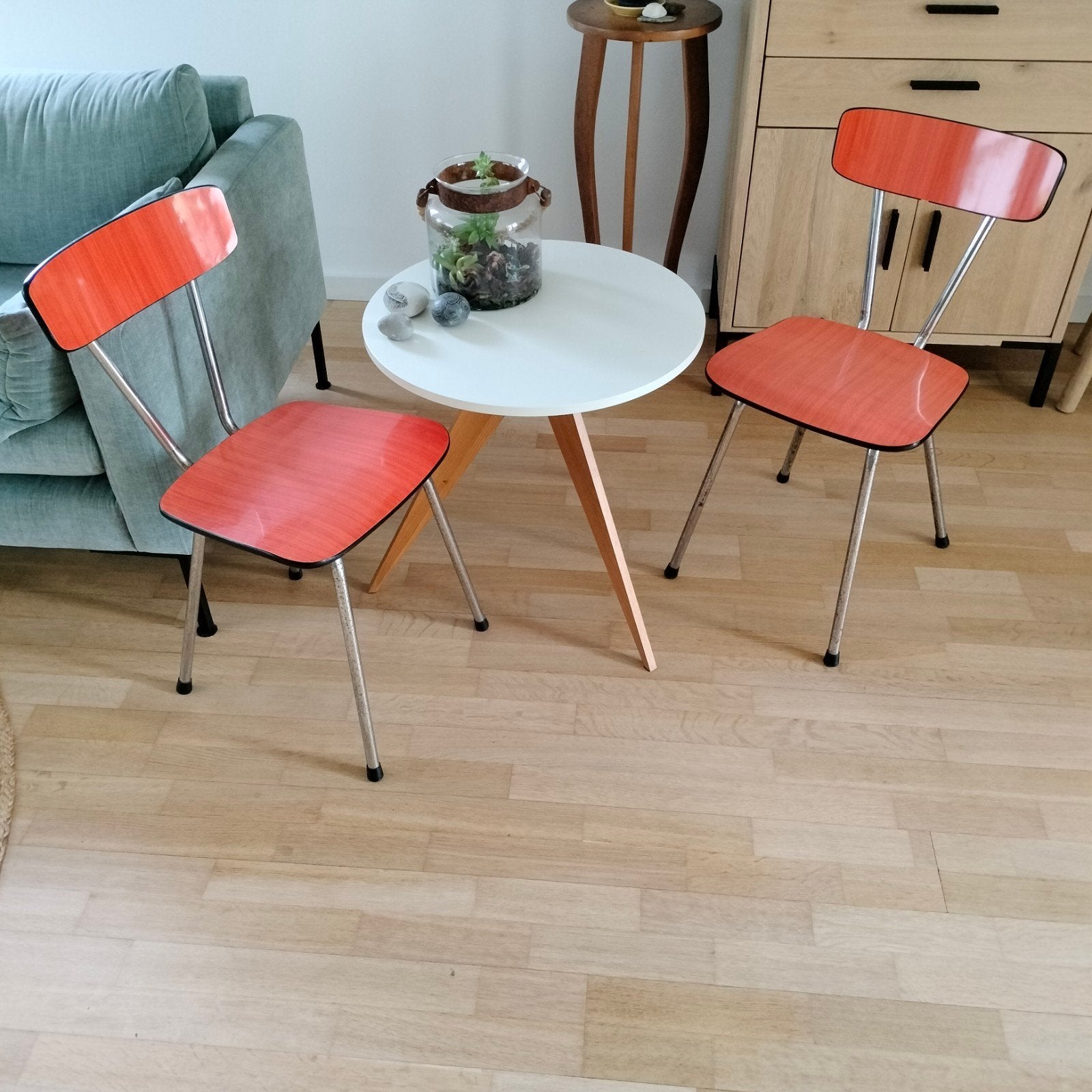 Set van 2 Vintage Formica Industriële Schoolstoelen Oranje, Ophalen, Gebruikt, Metaal, Twee