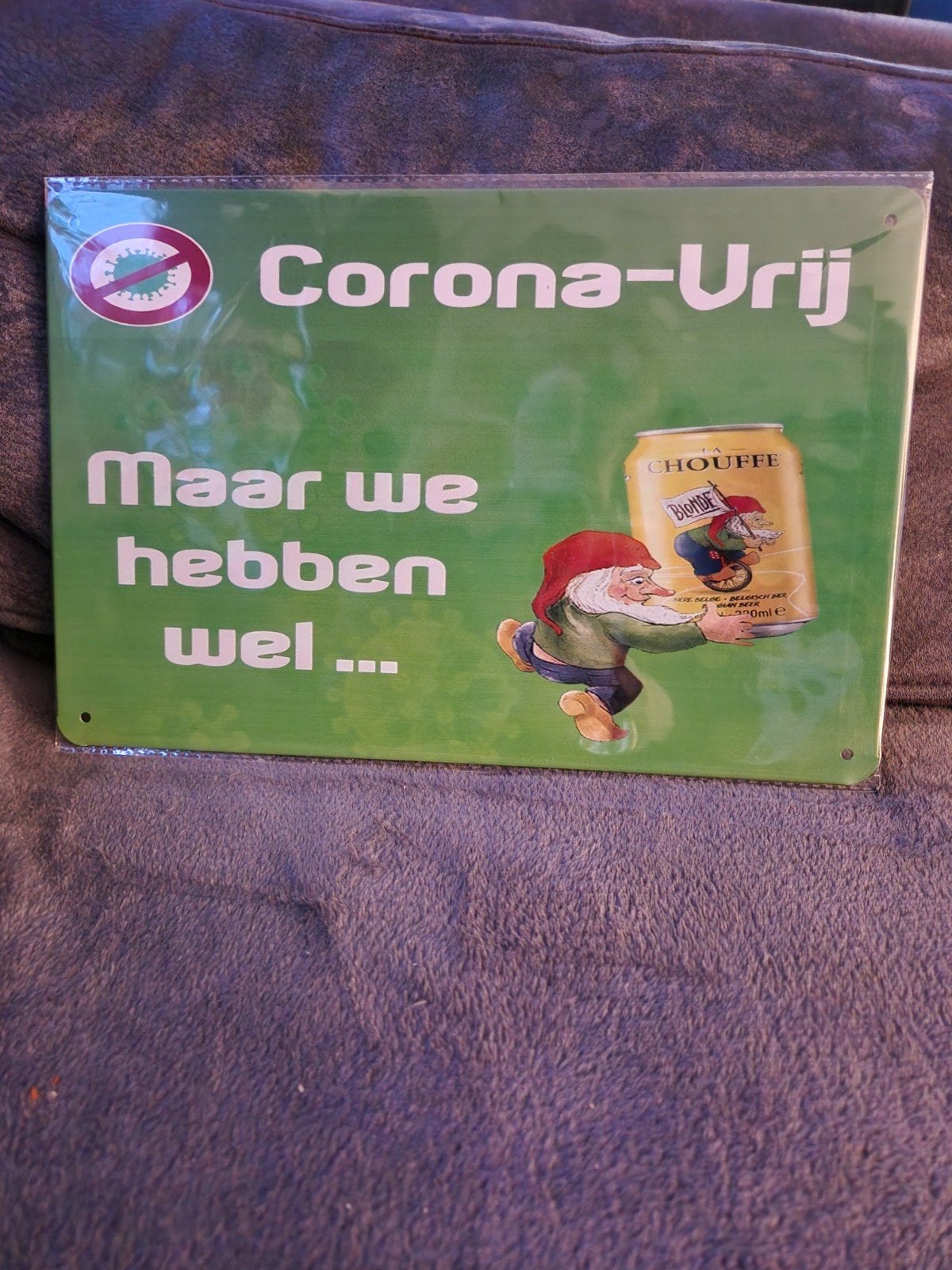 Corona vrij La Chouffe reclamebord, Verzamelen, Merken en Reclamevoorwerpen, Ophalen of Verzenden, Nieuw, Reclamebord