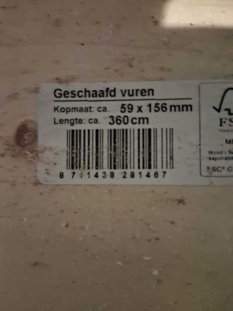 2x Geschaafd vuren balk 59x156x3600mm, Doe-het-zelf en Verbouw, Hout en Planken, Ophalen, Nieuw, Balk, Vuren