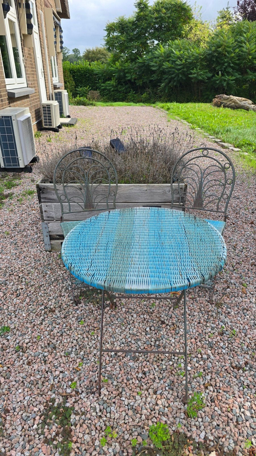 Gietijzer vintage Tuinset: 2 Stoelen & Ronde Tafel - Metaal, Tuin en Terras, Gebruikt, Wicker, Tuinset, Eettafel