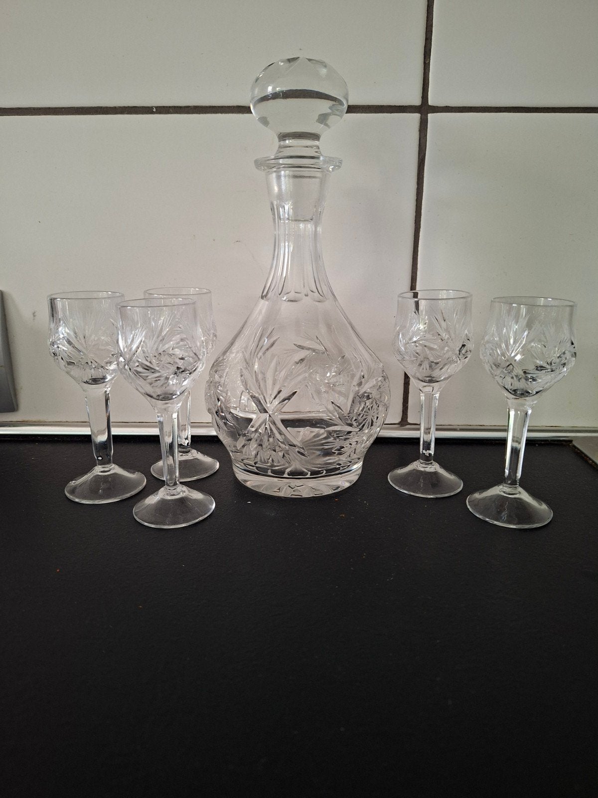 Vintage Kristallen Likeurset / Karaf met 5 Glazen – Pinwheel, Verzamelen, Ophalen, Gebruikt, Overige typen