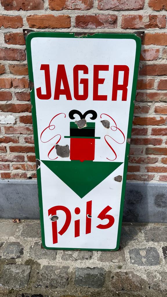 Vintage Jager Pils Emaille Reclamebord - Zeldzaam, Verzamelen, Merken en Reclamevoorwerpen, Ophalen, Gebruikt, Reclamebord