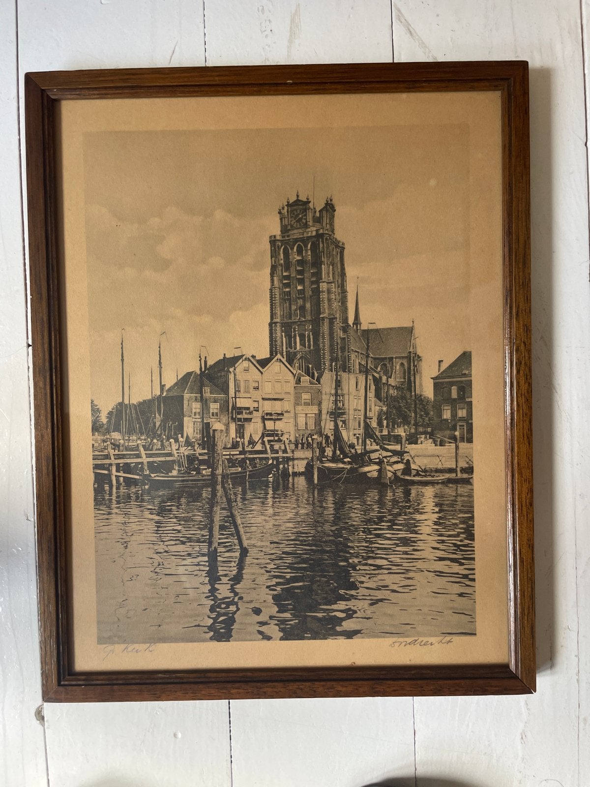 Oude prent Dordrecht Grote Kerk en haven, Antiek en Kunst, Kunst | Etsen en Gravures, Ets, Stadsgezicht, Ophalen of Verzenden