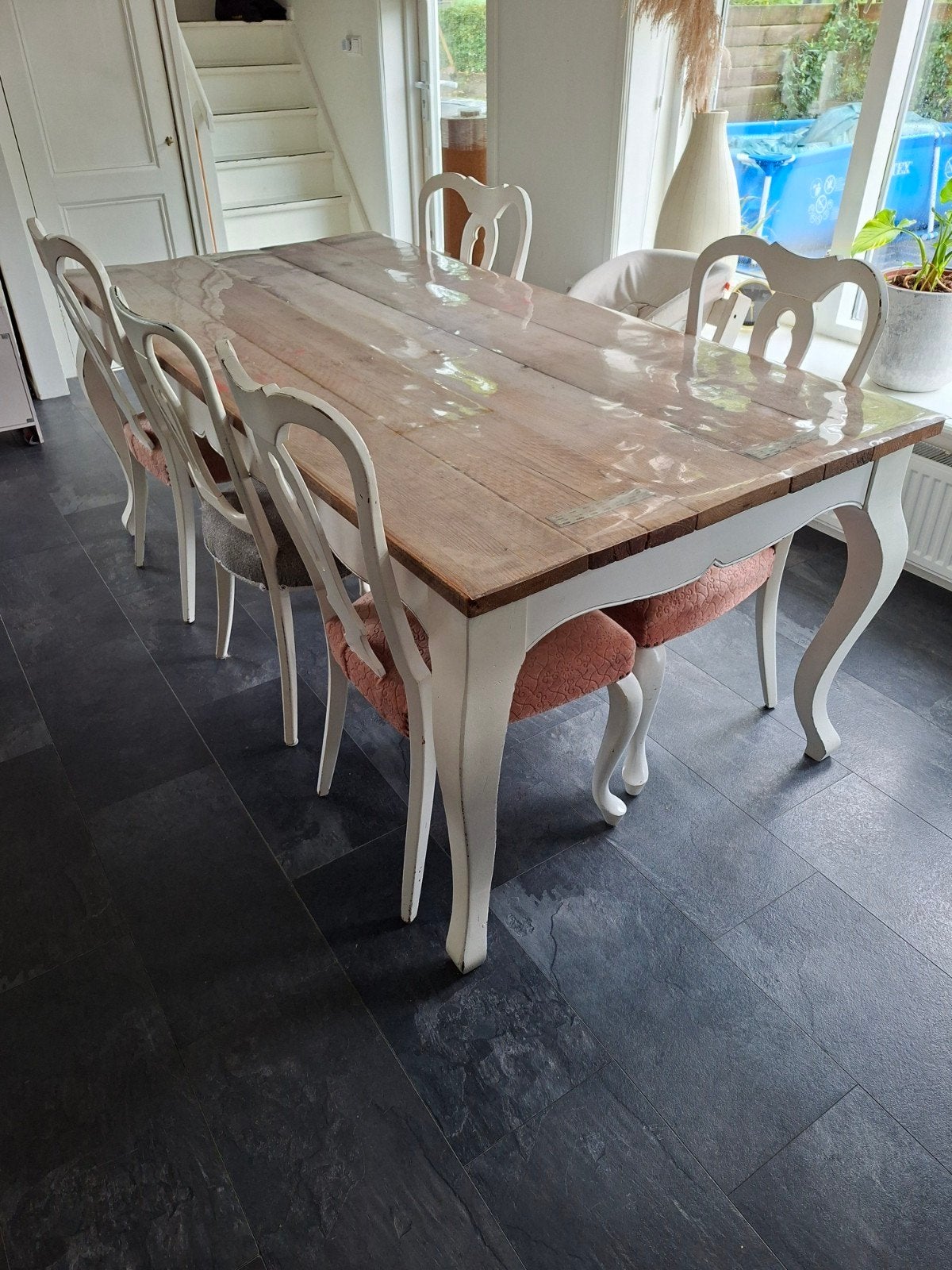 Elegante eettafel (met 8 stoelen), Ophalen, Gebruikt, Overige materialen, 50 tot 100 cm