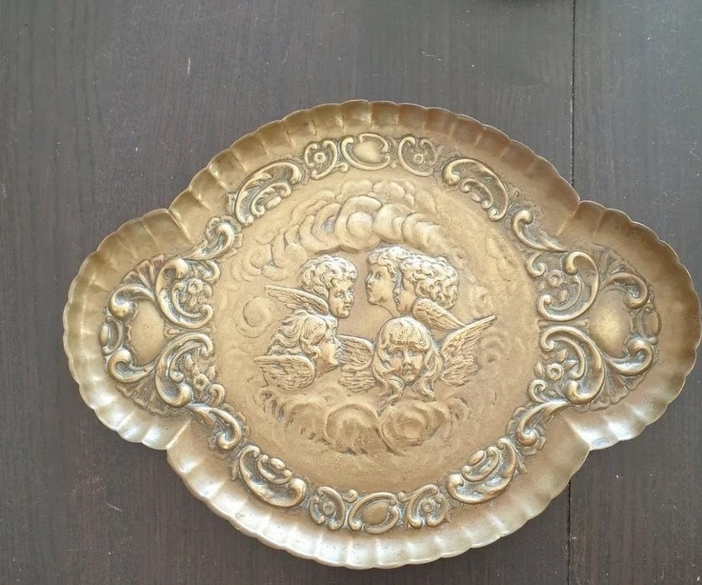 Koper of brons dienblaadje met cherubijnen / putti 0207, Ophalen of Verzenden, Koper